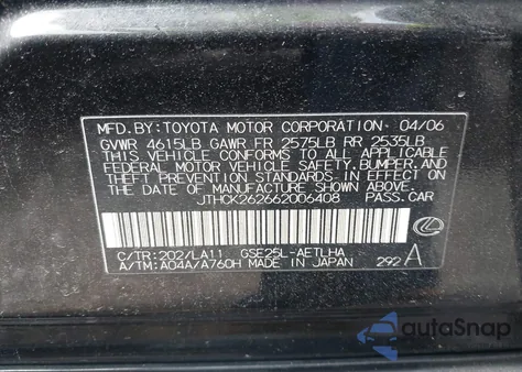 2006 Lexus Is z USA, uszkodzony, nr VIN JTHCK262662006408